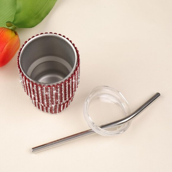 Red 3oz Diamond Stainless Steel Tumbler Shot Glass with Straw – Mini Travel Cup - Picture 5 of 6